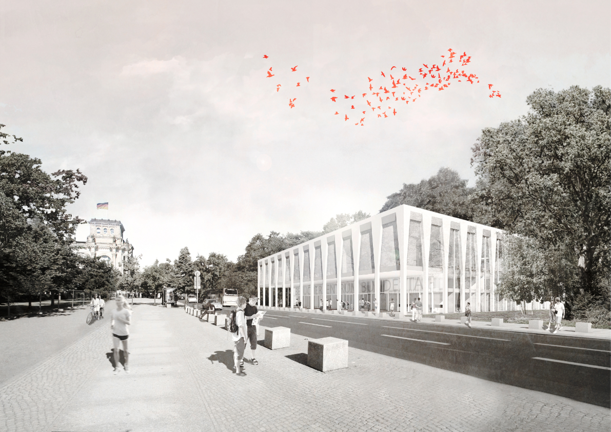 Das zukünftige Besucherinformationszentrums des Deutschen Bundestages im städtischen Umfeld mit klarer Fassadenstruktur und denkmalgeschützter Parkanlage in Berlin