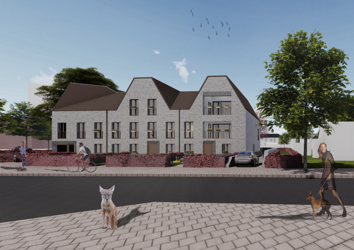 Visualisierung eines Wohngebäudes mit geneigten Dächern in einem denkmalgeschützten Wohngebiet mit Stadtfuchs 